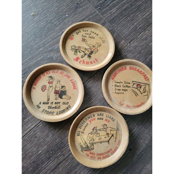 4pc wooden beer drink bar coasters funny jokes graphics 3.5 in Japan vtg 1950s - Picture 1 of 8